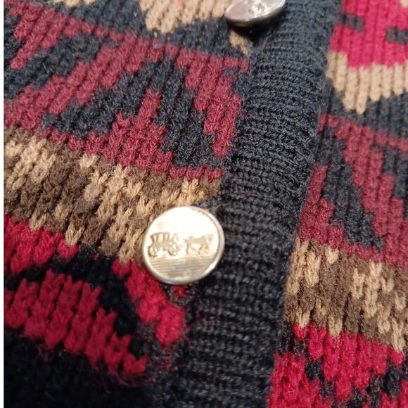 Vntage Tally Ho Fair Isle Black/Gold/Redtones Button Cardigan L-Sleeve - Picture 4 of 6